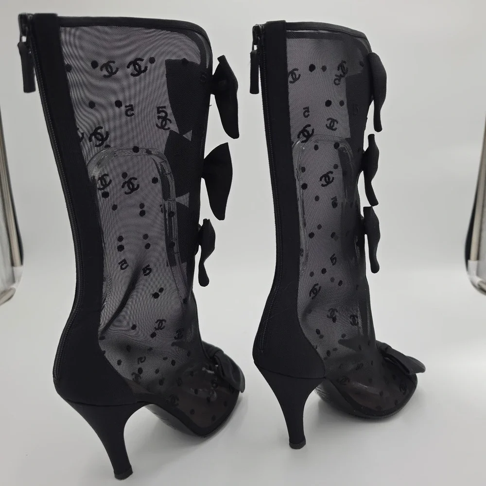 Chanel Black Mesh CC Logo Bow Peep Toe Mid Calf Stiletto Boots 36.5 C Italy